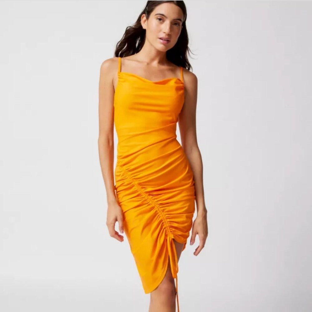 Urban Outfitters Ruched Bodycon Asymmetrical Midi Orange Dress Party Size‎ 2